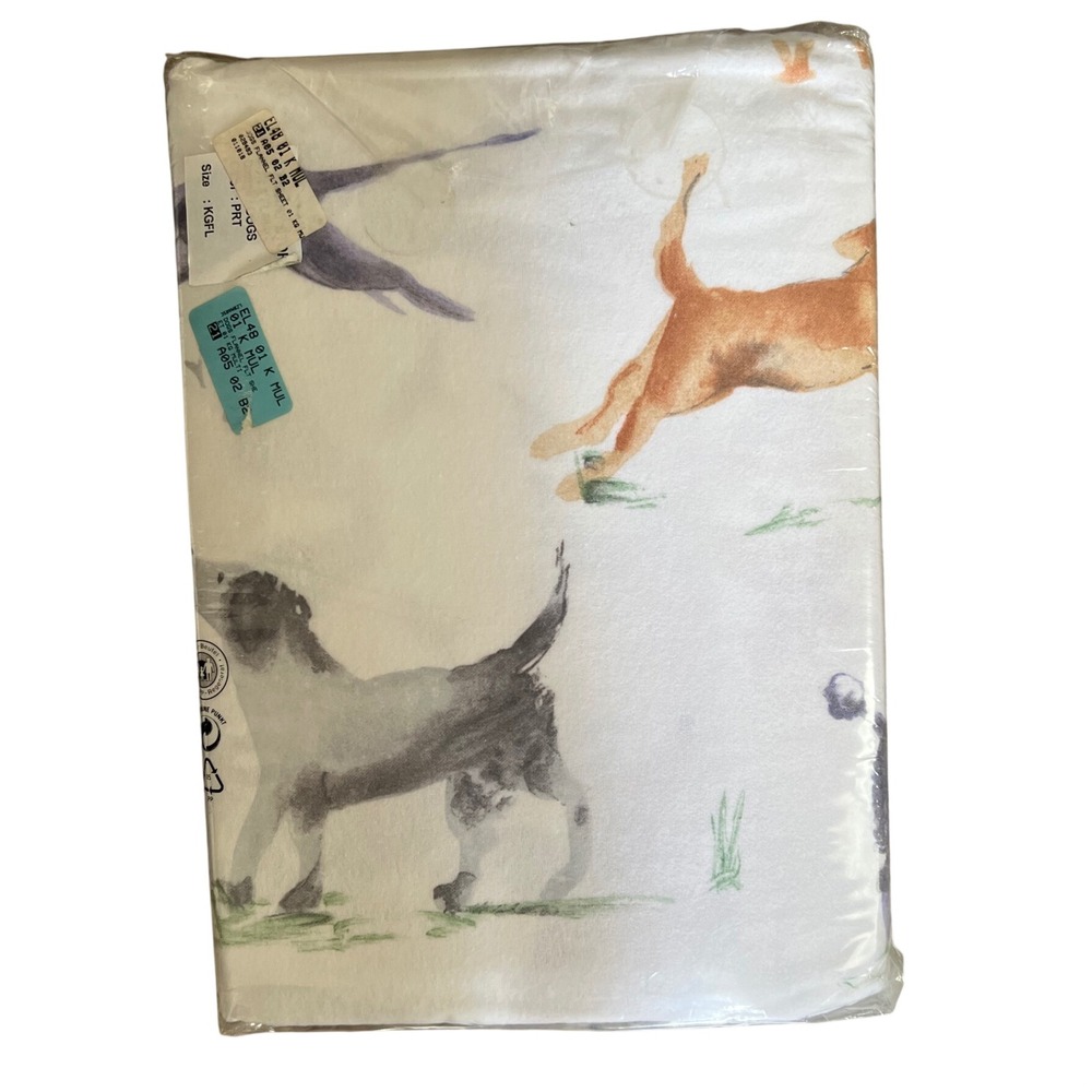 The Company Store Dogs Flannel Flat Sheet King Cotton Watercolor Whimsical Rare